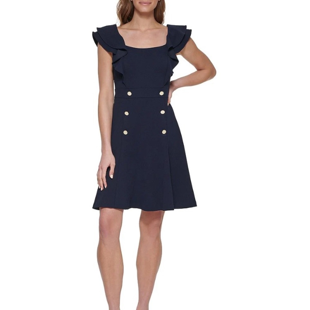 New DKNY Flutter Sleeve Square Neck Button Detail Fit and Flare Dress